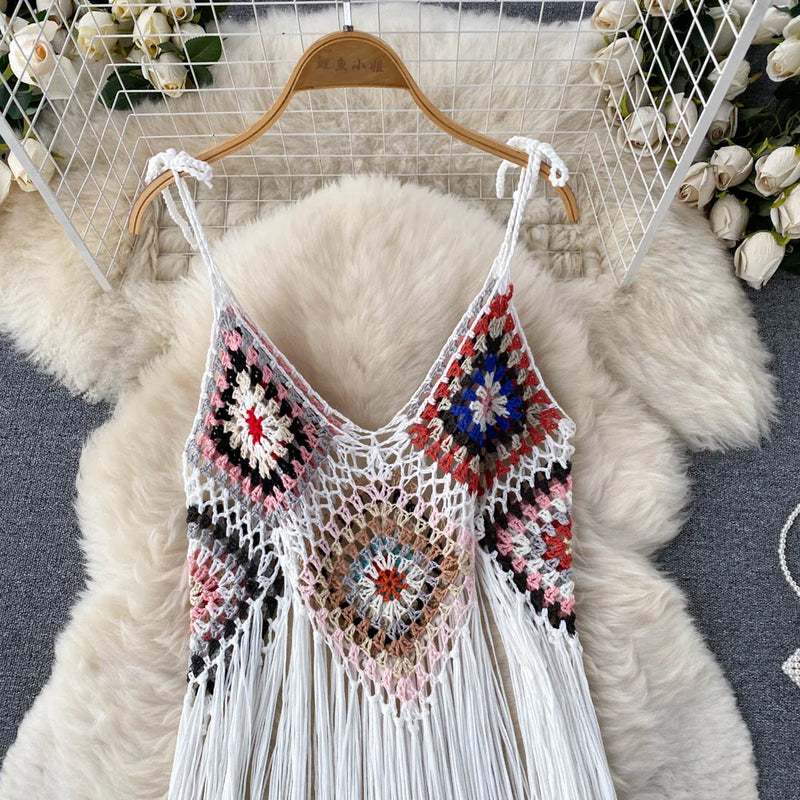 Summer Beach Dress Women Casual Sundress Vacation Knitted Tassel Loose Dress