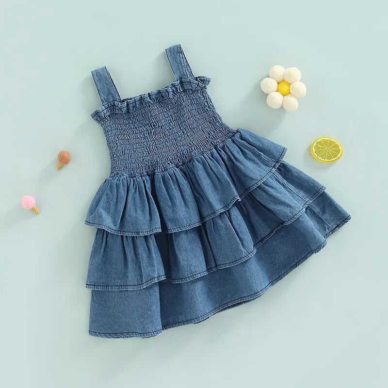 Little Girls Casual Dress Summer Toddler Kids Princess Girls Solid Denim Sleeveless Strap Layered Party Dresses for Child