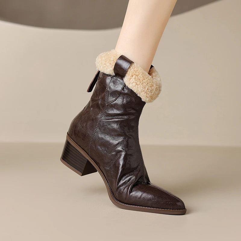 Women Ankle Boots Square Toe Short Boots Genuine leather Autumn Winter Wool Shoes