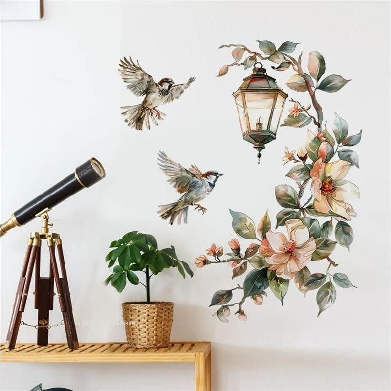 Flower Pendant Lamp Bird Wall Sticker for Bedroom Entrance Home Background Decor Wall Art