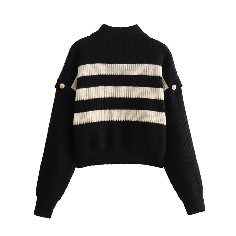 Launch Buttons Decoration Women Mock Neck Striped Sweater Knitted Top Pullover