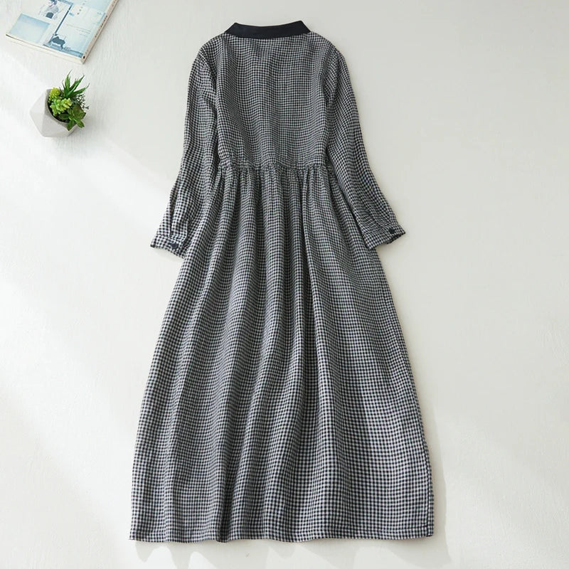 Autumn Spring Cotton Linen Plaid Long Sleeve Drawstring Elegant Ladies Dress Vintage Women