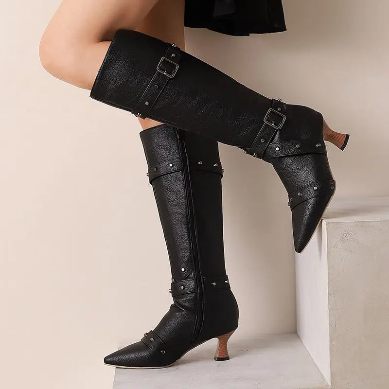 Women Knee High Boots Pointed Toe Strange Heel Zipper Metal Decoration Retro Booties