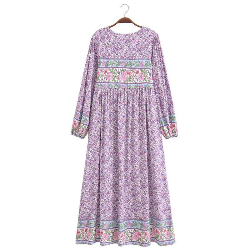 Lavender Small Flower Bow Lacing up Neck Long Straight Dress Women Viscose Cotton Full Sleeve Maxi Holiday