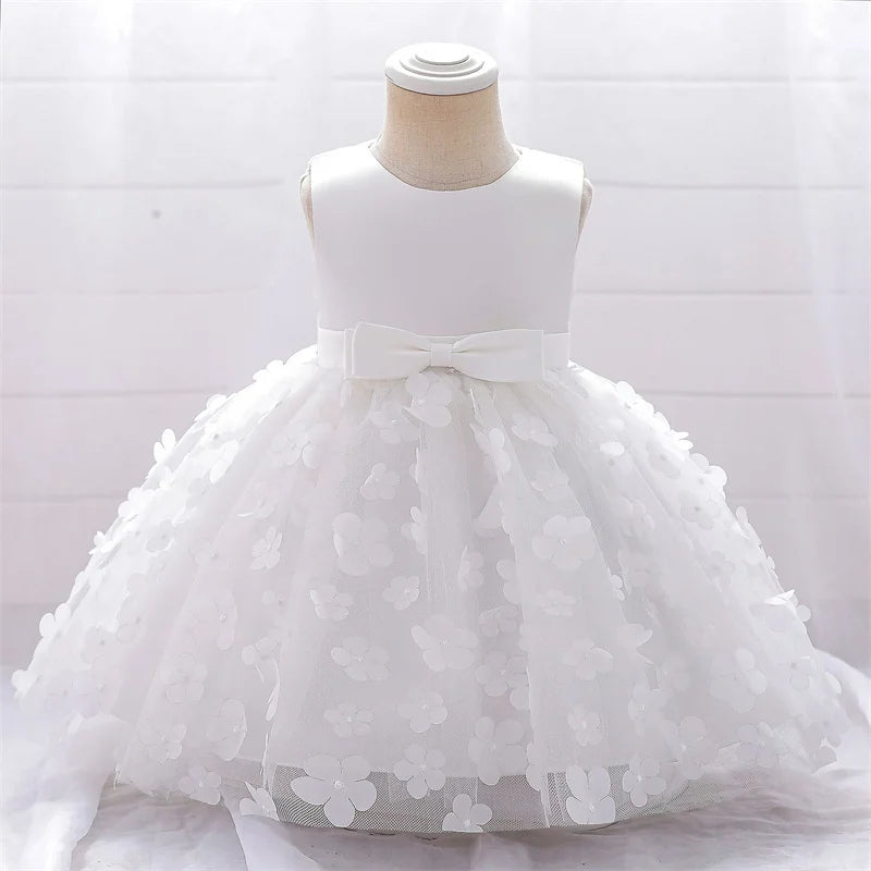 Baby Girls Dresses Long Sleeve Bow Birthday Gown Infant Party Pearl Princess Baptism Toddler