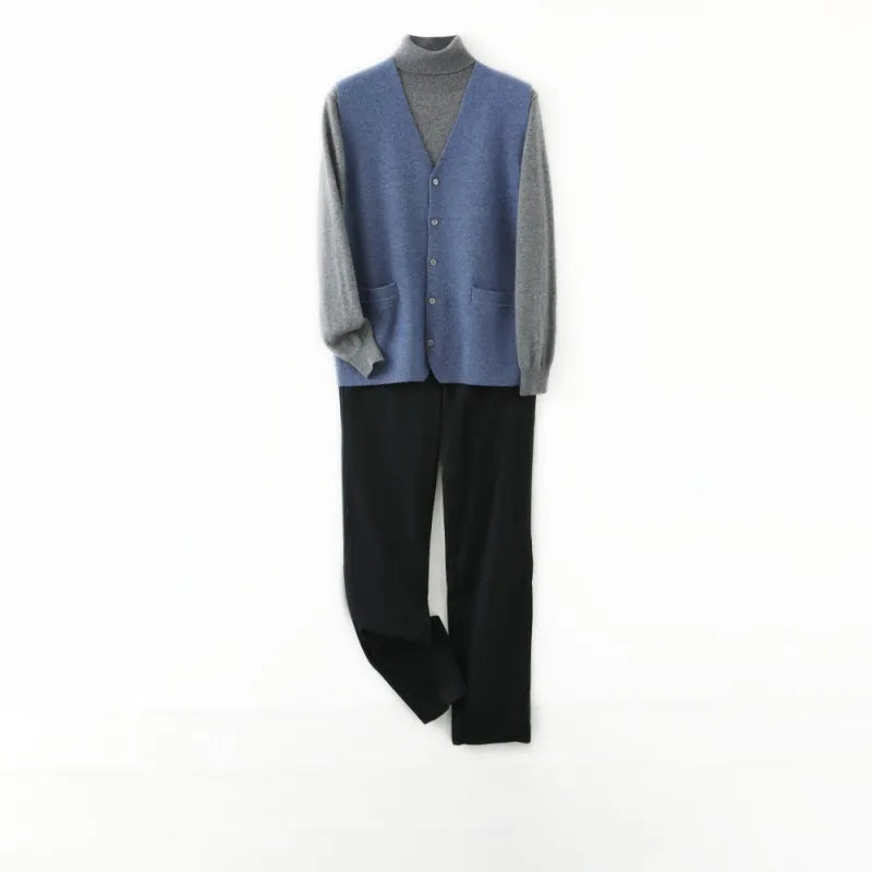 Mens Pure Cashmere Cardigan Waistcoat Autumn Winter V-Neck Young Knit Top High-End Jacket Vest Casual Sleeveless Sweater