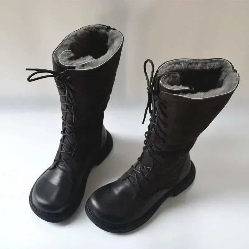 Genuine Leather Warm Snow Boots Wide Toe Thick Wool Fur Knee-high Women's Winter Boots