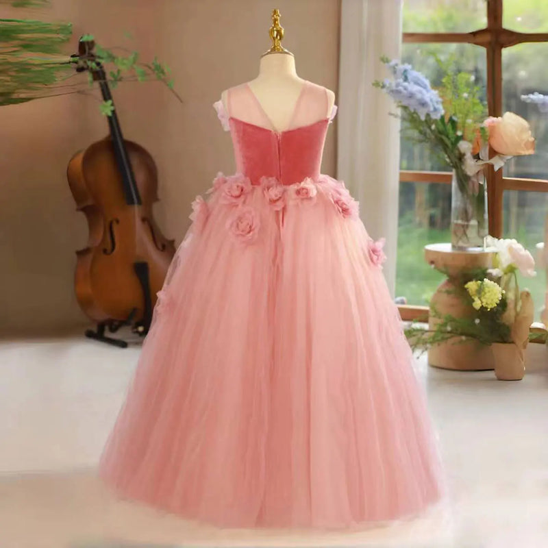 Elegant Pink Girl Dress Handmade Flowers Princess Kids Wedding Birthday Party Long Ball Pageant Gown