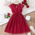 Kid Girl Guipure Lace Panel Flutter-sleeve Belted Dress