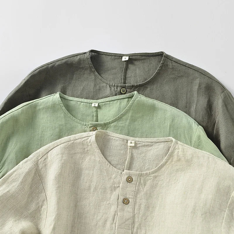 Summer Casual Linen Tee Men Simple Round Neck T-shirt Loose Breathable Tops Styles