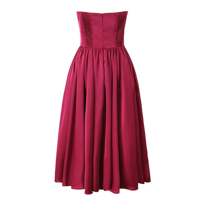 Women Strapless Dress Low Waist Pleated Swing Hem Christmas Dresses Elegant Lady Evening