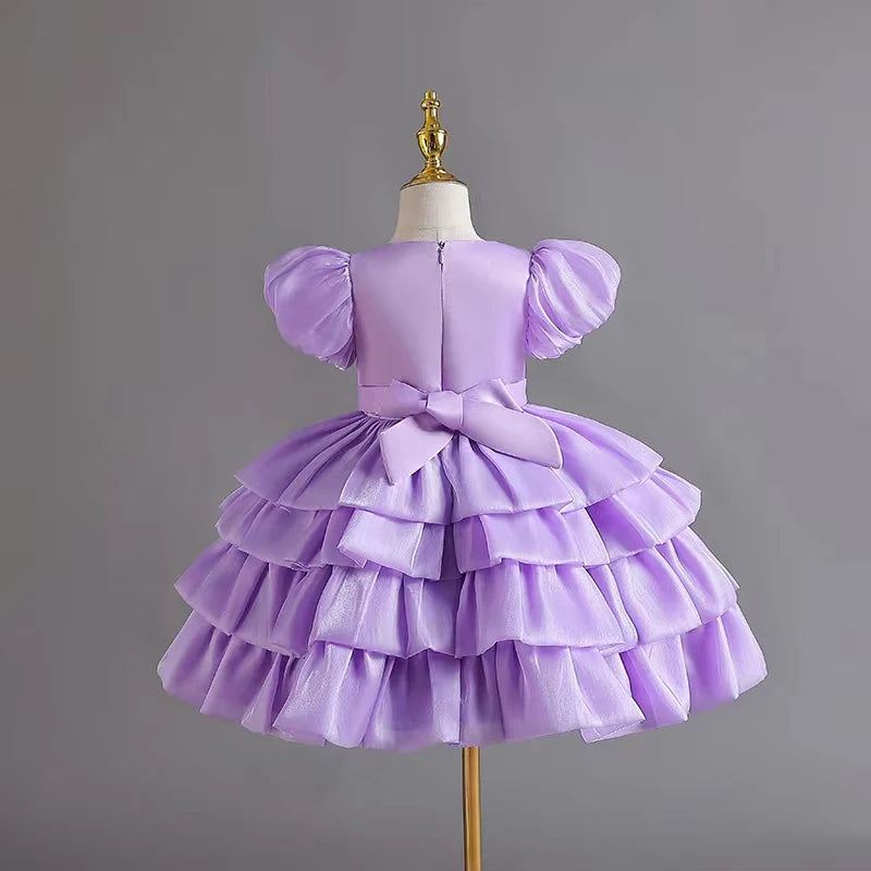 Tulle Girl Princess Dress Summer Party Kids Knee Length Dress Puffy Sleeve Birthday Baby Girl Clothes