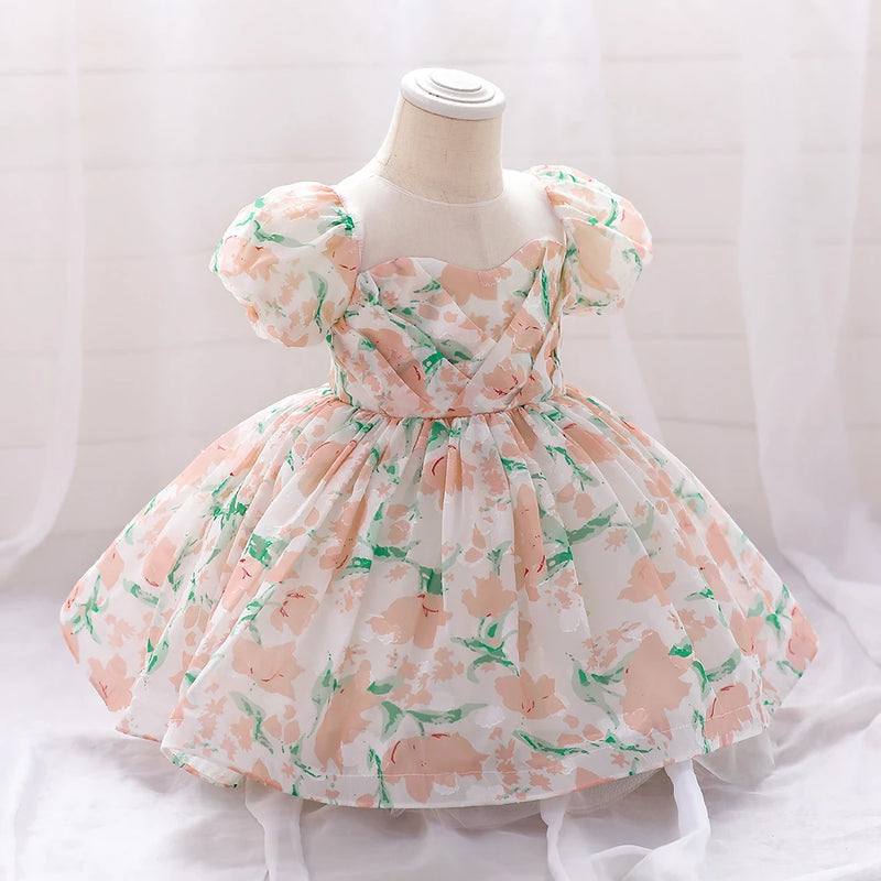 Floral Baby Girl Dress Birthday Party Baptism Pink Clothes Toddler Fluffy Outfits