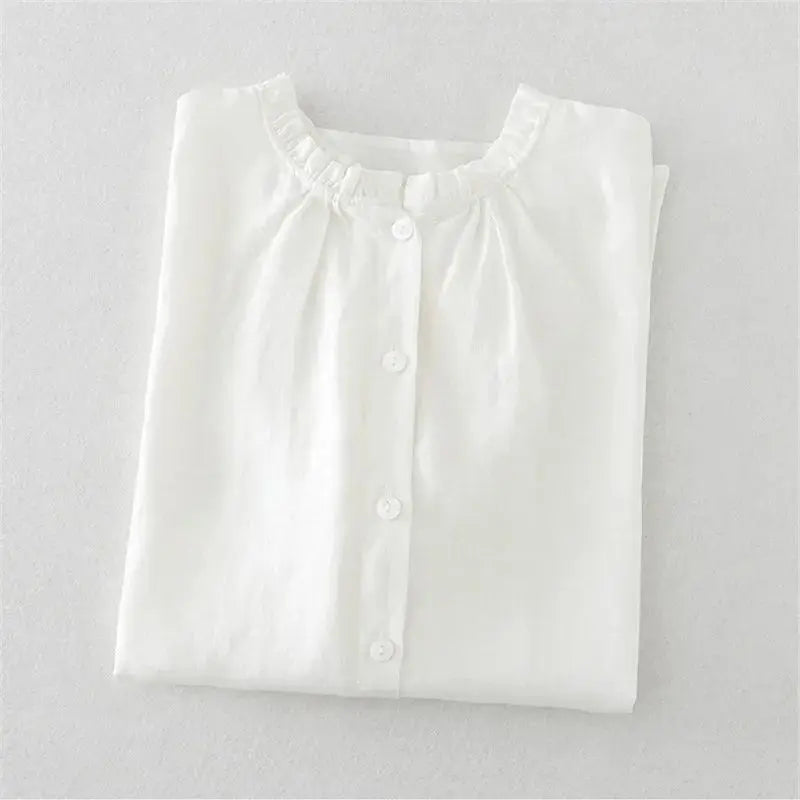 Ruffles Cotton Linen Blouses Women Basic Tops Ruffles Collar Short Sleeve Shirts Breathable Blouses