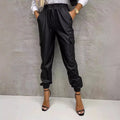 Women Autumn and Winter Pocket Leather Pants Straight-Leg Pants Ankle-Tied Elastic Waist