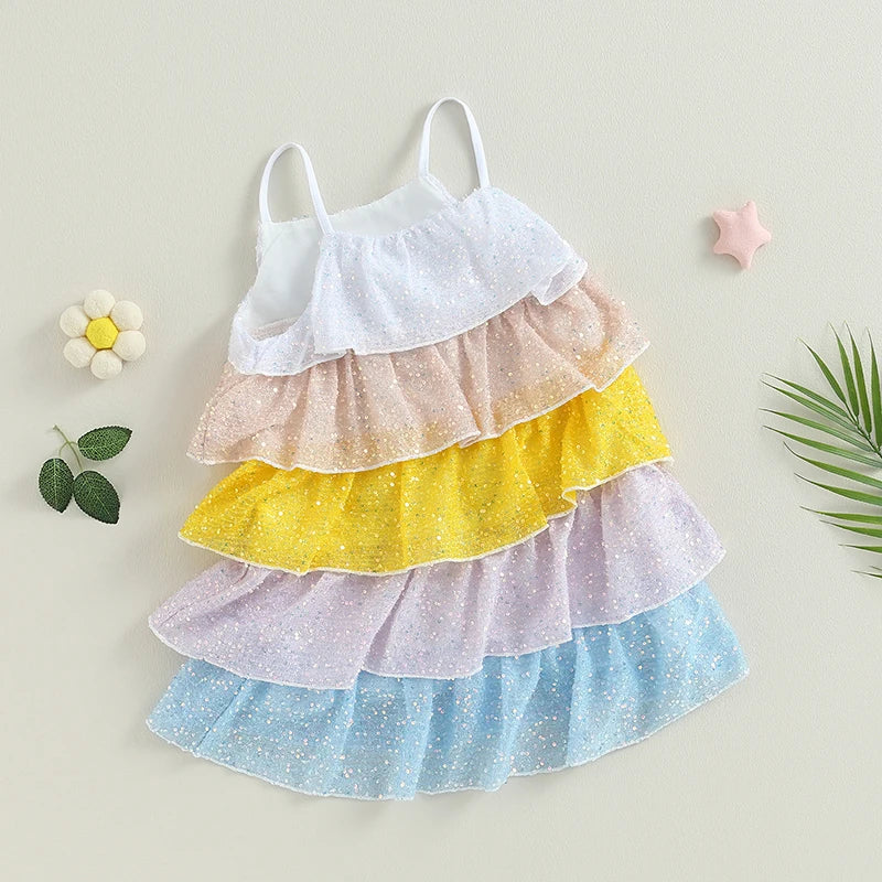 Summer Kids Girls Dress Contrast Ruffles Sleeveless Dress Casual Clothes Princess Dress