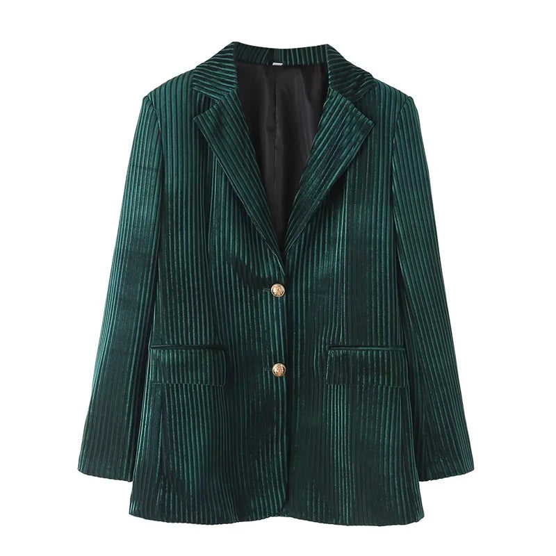 Winter Women's Velvet Striped Suit Jacket Office Lady Flap Breasted Blazer Top