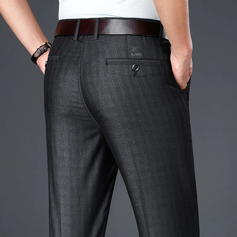 Men Pants Business Casual Pleated Trousers Straight Stretch Wrinkle Free Trousers Male Clothes