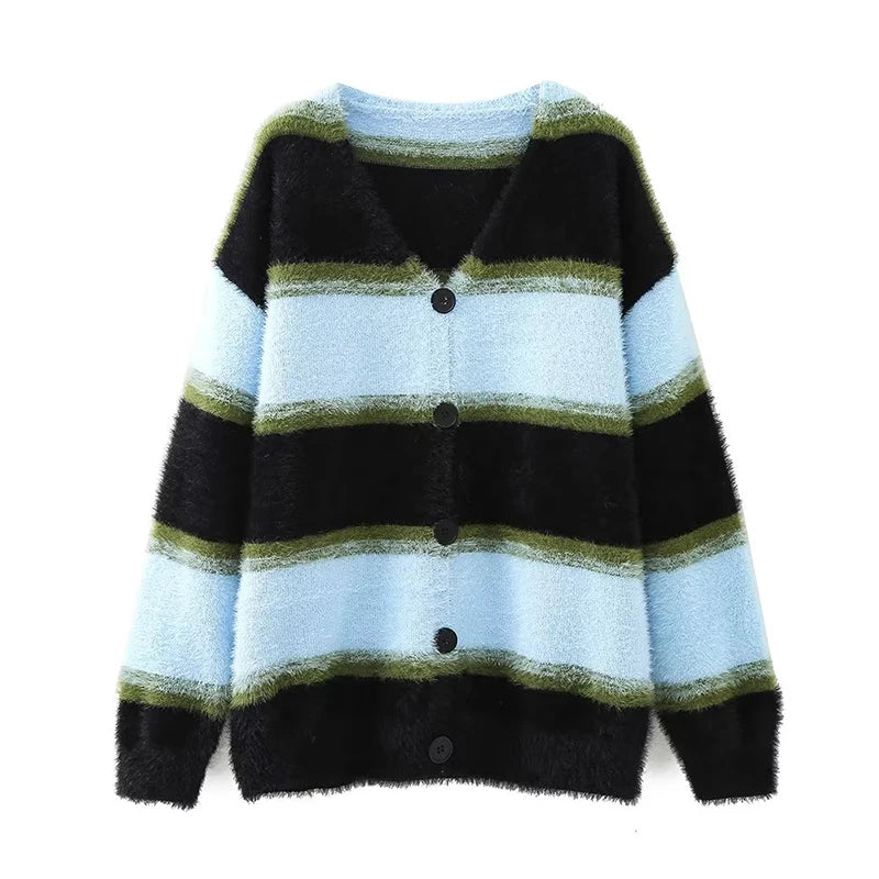 Striped Knitted Cardigan Woman Autumn Button Sweaters For Women Casual Cardigans Women Long Sleeve Coats