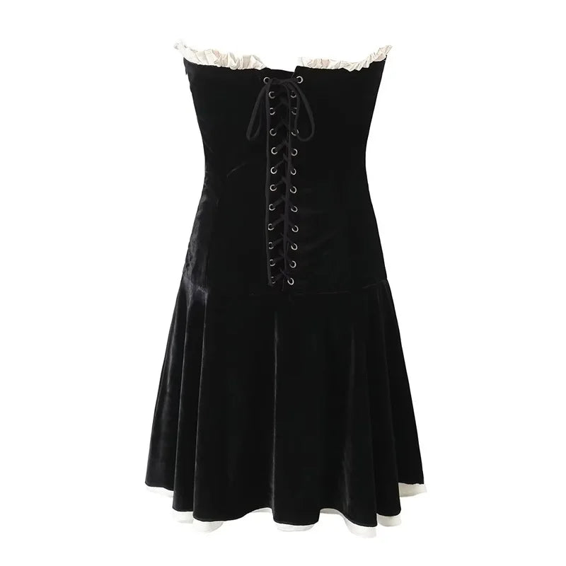 Launch Women's Black Strapless Christmas Dress Sexy Vintage Velvet Party Dresses Lace Up Backless Mini Dresses