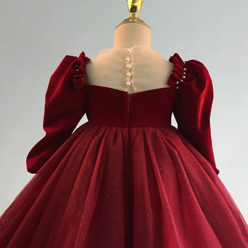 Newborn Baby Girl Princess Xmas Red Pearl Dress Puff Child Winter Evening Gown Baby Clothes