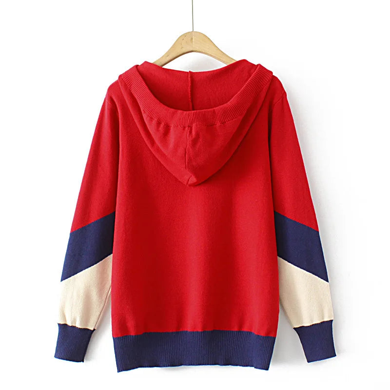 Sweater Women Fall Winter Simple Contrast Jumpers Casual Hooded Pullover Knitwear