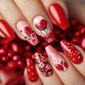 24pcs/set medium long nails beautiful rose flowers heart for Valentine's Day Wedding party press on nail