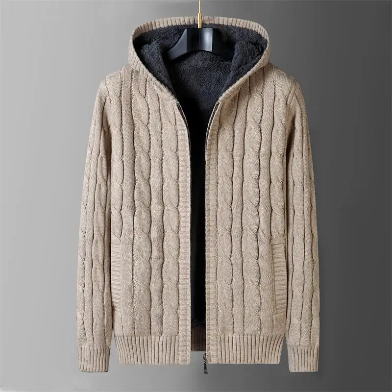 Men Fleece Warm Black Khaki Knit Winter Sweater  Wool Liner Cardigan Knitted  Hooded Sweater Knitwear Jackets Coat Clothing