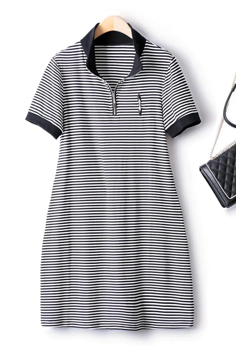 Summer Women's Dresses Classic Horizontal Pinstripe Stand Collar