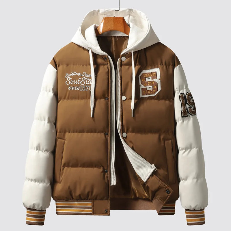 Winter Warm Cotton-padded  Varsity Jacket Thickened American Street Hooded Cotton-padded Jacket Men