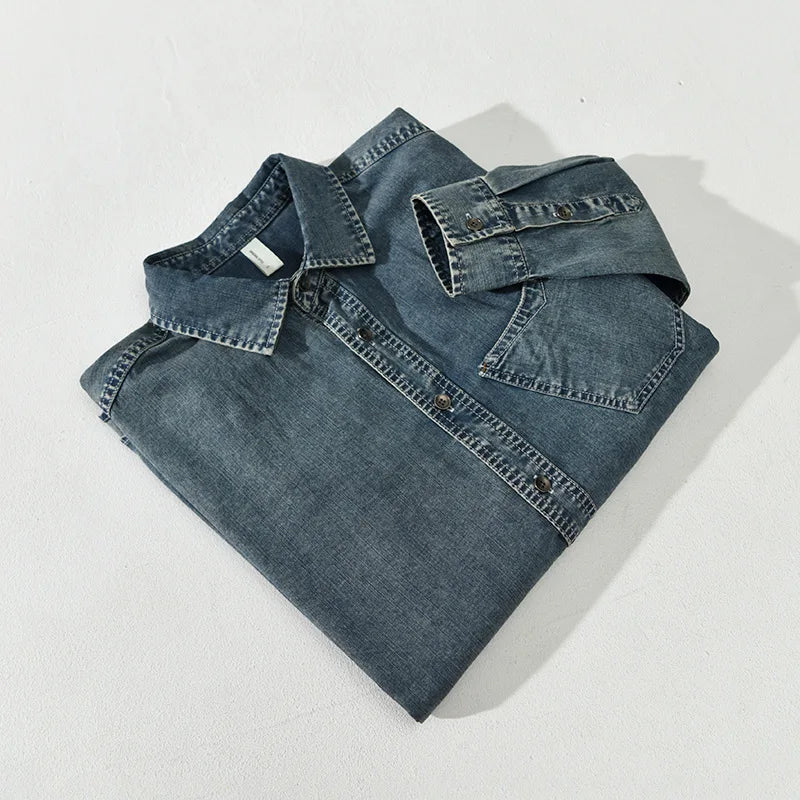 Spring Denim Shirts Man Vintage Blue Lapel