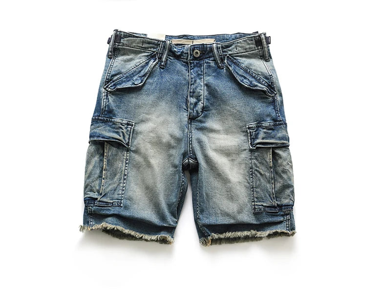 Men Retro Denim Shorts Multi Pockets Cargo Jean Shorts for Male