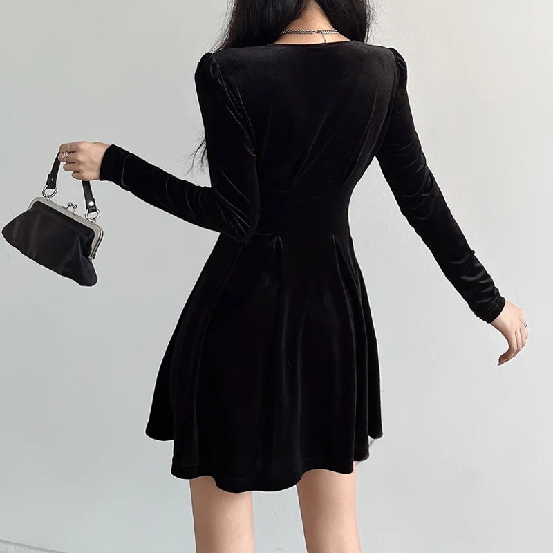 Velvet Long Sleeve Mini Dresses for Women Buttons Club Party Pleated Dress Solid