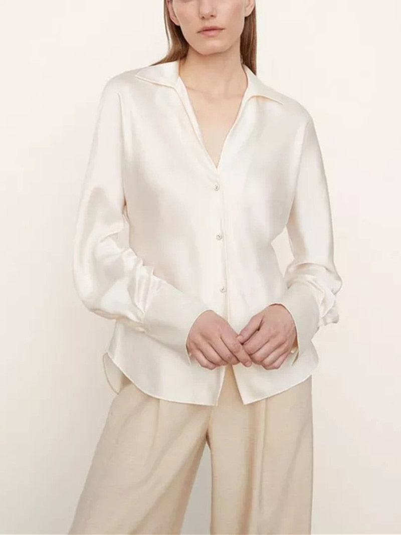 Elegant Ladies Solid Color Silk Satin Shirt Spring New Women Lantern Sleeves Single-Breasted Turn-Down Collar Blouse