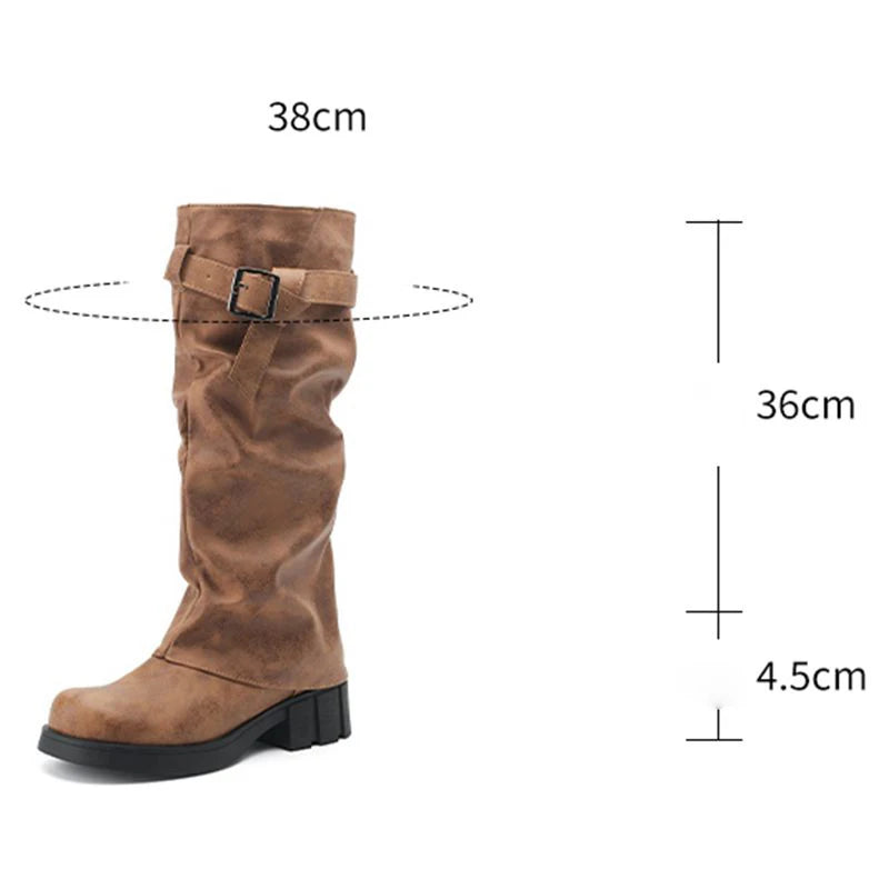 Female Knee High Boots Round Toe Heels Slip On Belt Buckle