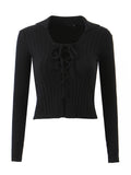 Autumn New Woman Sexy Girl Streetwear V-neck Tie Slim Short Knitted Cardigan Female Sweater Crop Top