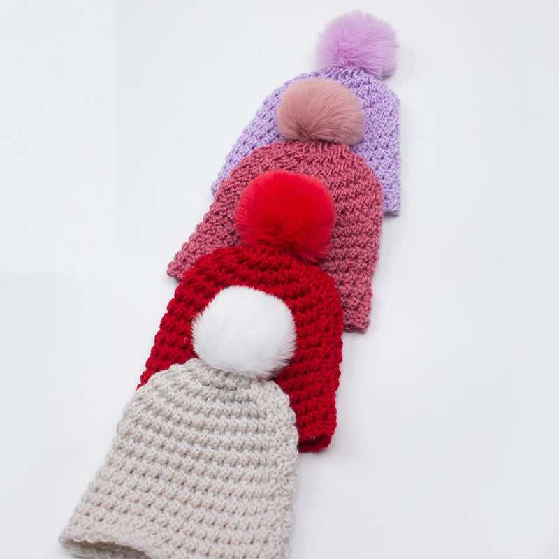 Winter Baby Solid Crocheted Wool Beanie Hat Children Knitted Pompom Ball Bonnet Skullcap Hat