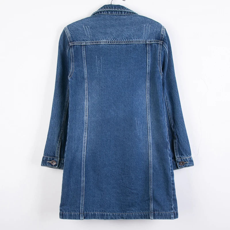 Women Denim Jackets Spring Autumn Pockets Mid-Length Jean Coat