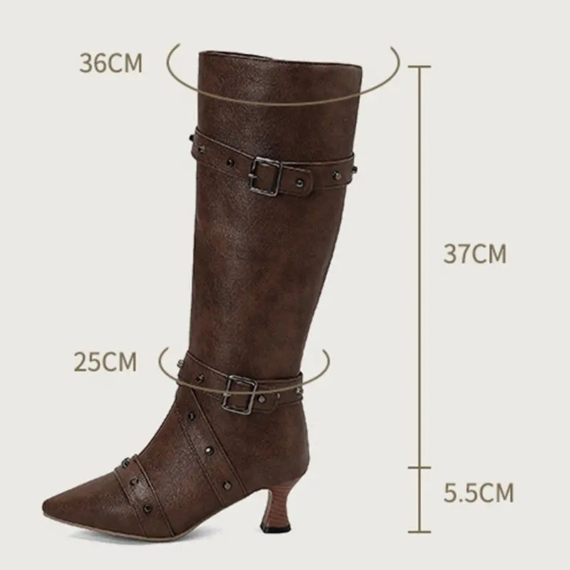 Women Knee High Boots Pointed Toe Strange Heel Zipper Metal Decoration Retro Booties