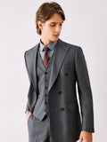 Wool Men Suits Set Grey Stripe Double Breasted Formal Wear Clothing Blazer Vest Pant