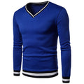 Mens Warm Clothing Contrast Color Striped Hem V Neck Pullover Casual Winter Autumn Sweatshirt Long Sleeve Slim Fit T-shirt