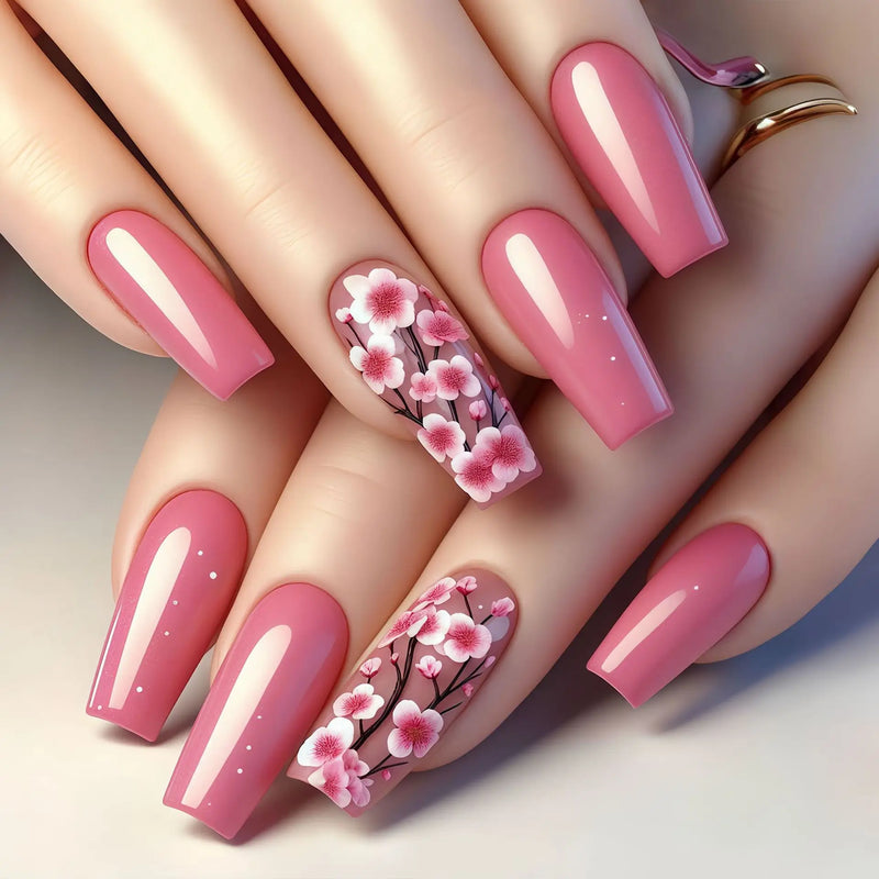 24pcs Long Ballet False Nails Spring Summer Pink Flower Pattern Fake Nails for Women