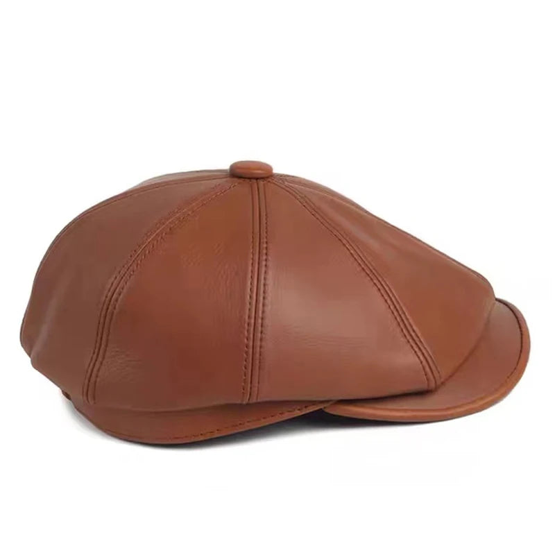 Leather Beret Caps Men Peaky Blinders Genuine Leather Letters Octagonal Hats Male Retro