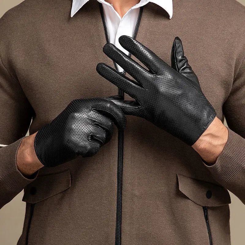 Men Genuine Leather Driving Gloves Breathable Hollow Design Thin Mittens