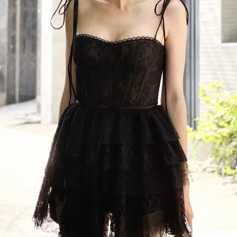 Elegant Women Dresses Lace Mesh Patchwork Sling Mini Dress