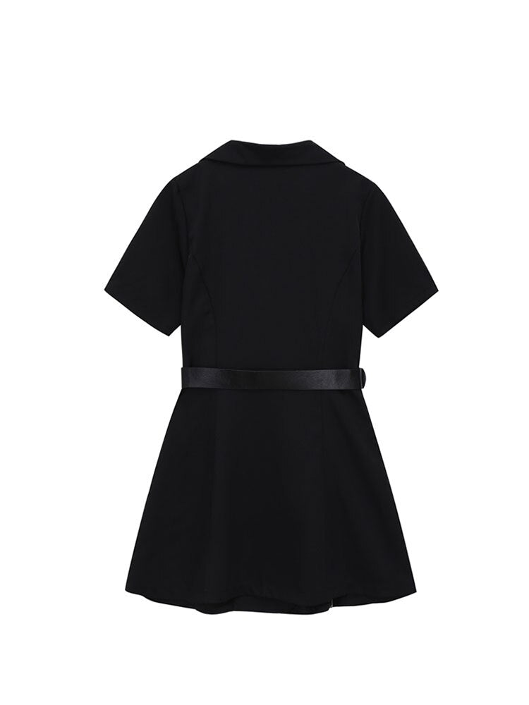 Women Gothic Punk Black Blazer Dress Short Sleeve Summer High Waist With Belt Streetwear Goth Dress Girl