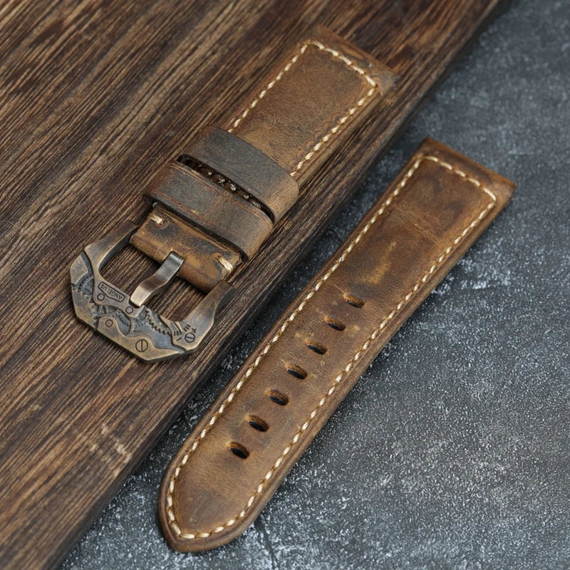 Handmade Vintage Leather Watchband Bronze Watch Buckle 22 24 26MM Brown Men's Bracelet Vintage Style