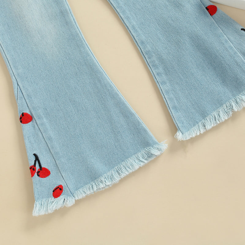 Girls Kids Denim Pants Cherry Embroidered Elastic Waistband Flare Jeans with Pockets