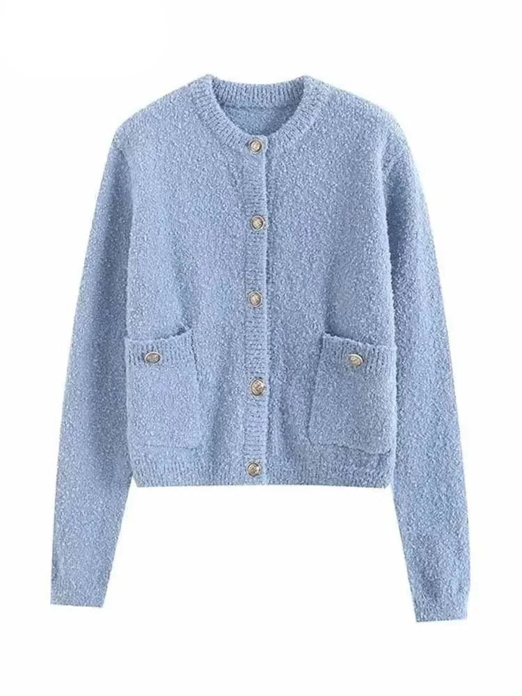 Knitted Solid Autumn Winter Cardigan Women's Buttoned Decorate Pockets Short Sweater