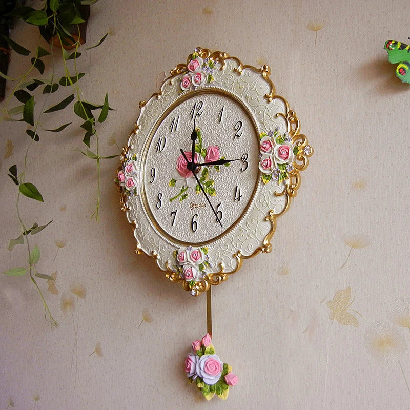 Luxury Pink Wall Clock Vintage Swing Pendulum Clock Wall Creative Living Room Silent Clocks Resin